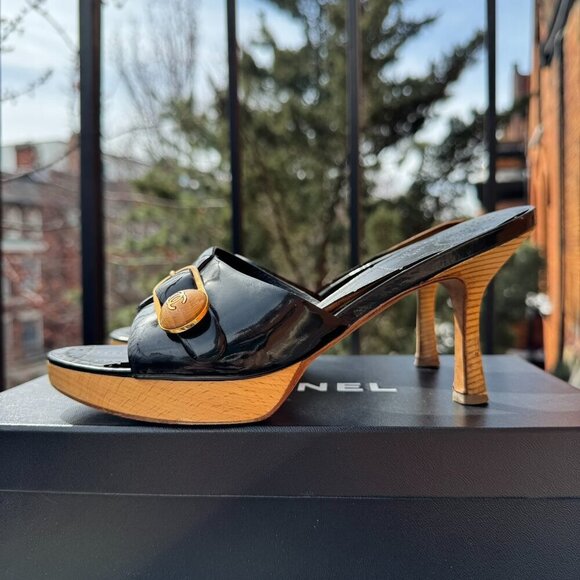 CHANEL Sandals Mules Heeled Shoes Platform Black Buckle CC Logo Box EUR 36.5 - Picture 15 of 16